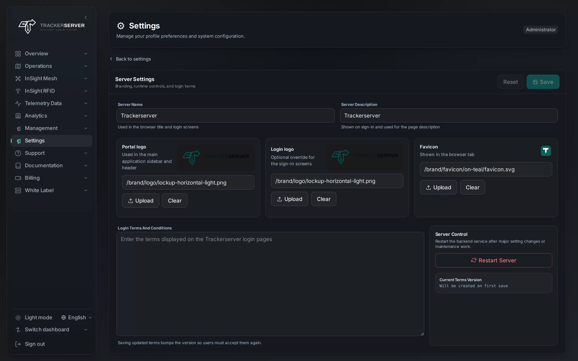 Trackerserver branding settings: a platform under the operator's own name